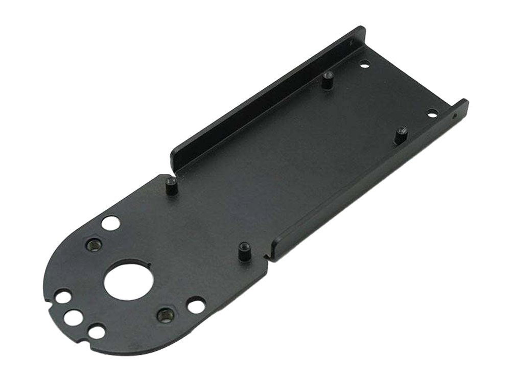 Black powder coated stamped bracket with punched holes and welded studs, made by XCWY