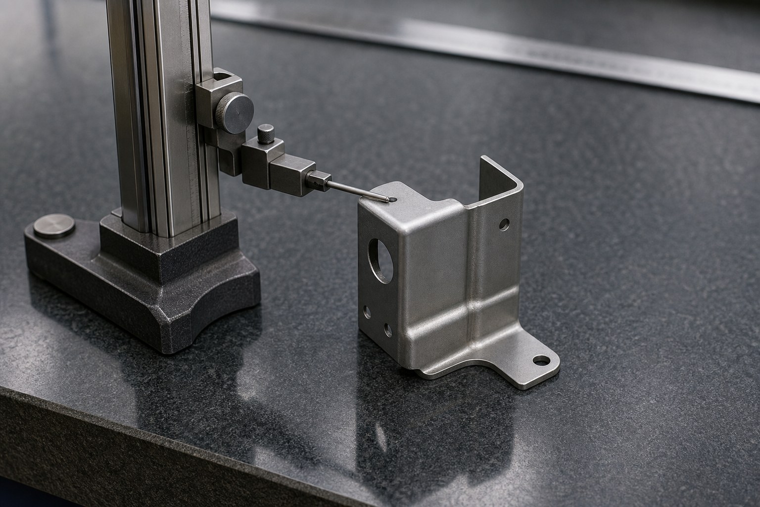 Acceptance inspection of a stamped steel bracket against a height gauge on a granite surface plate