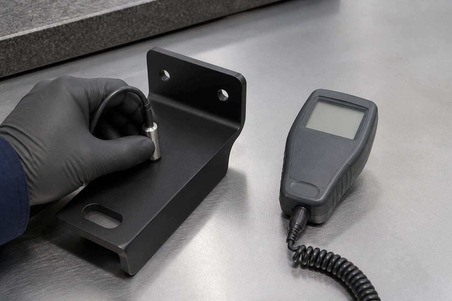 Coating thickness verified on a powder-coated bracket with a handheld gauge