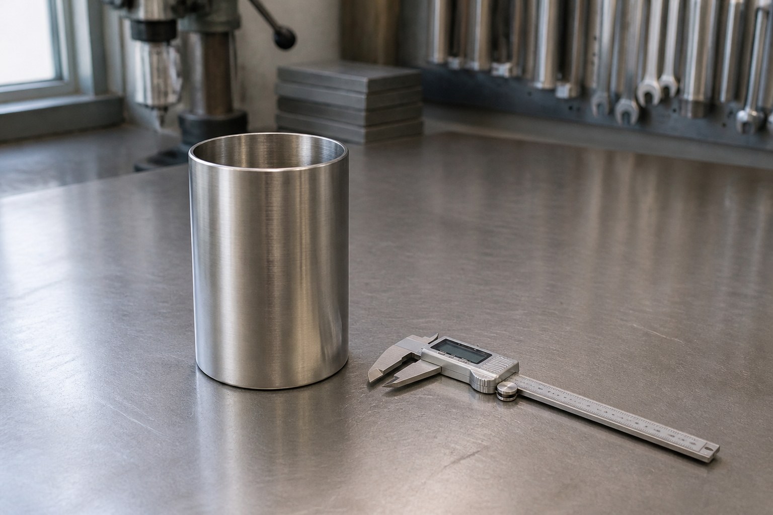 Finished deep drawn filter housing in 316L stainless steel on a workshop bench beside a caliper