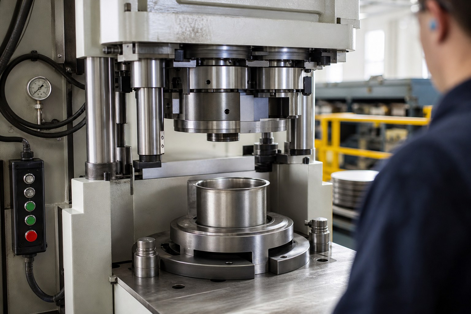 A 316L stainless steel cup being formed on a multi-stage hydraulic deep drawing press