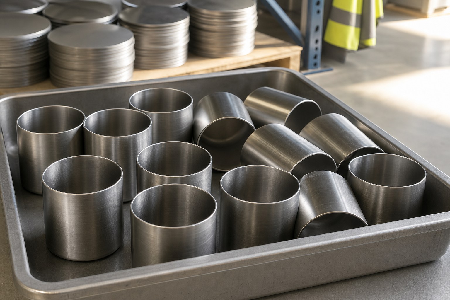 A tray of finished deep drawn stainless steel housings in the production area