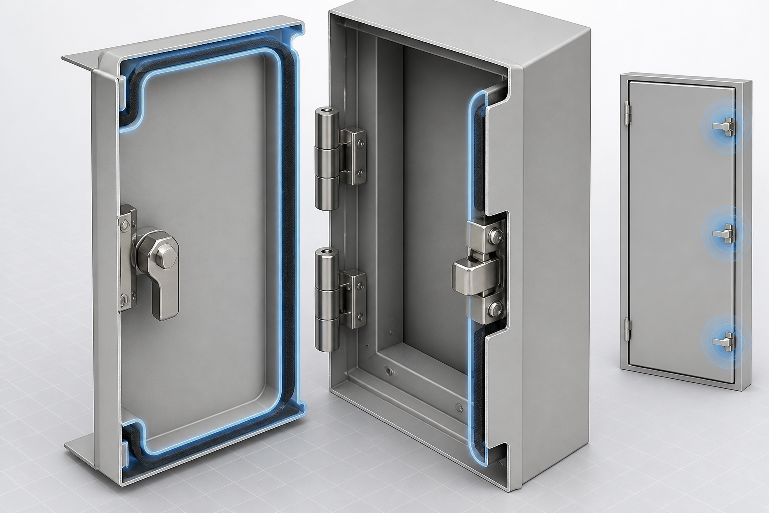 Enclosure door sealing system cutaway showing gasket, hinge and compression latch pressure