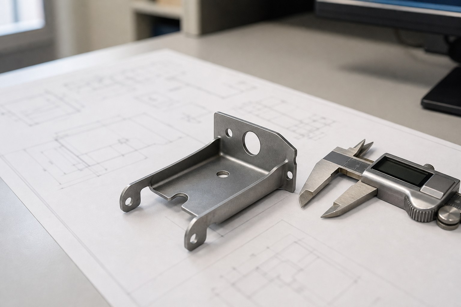 Finished stamped steel bracket and a digital caliper lying on a technical drawing at a quoting desk