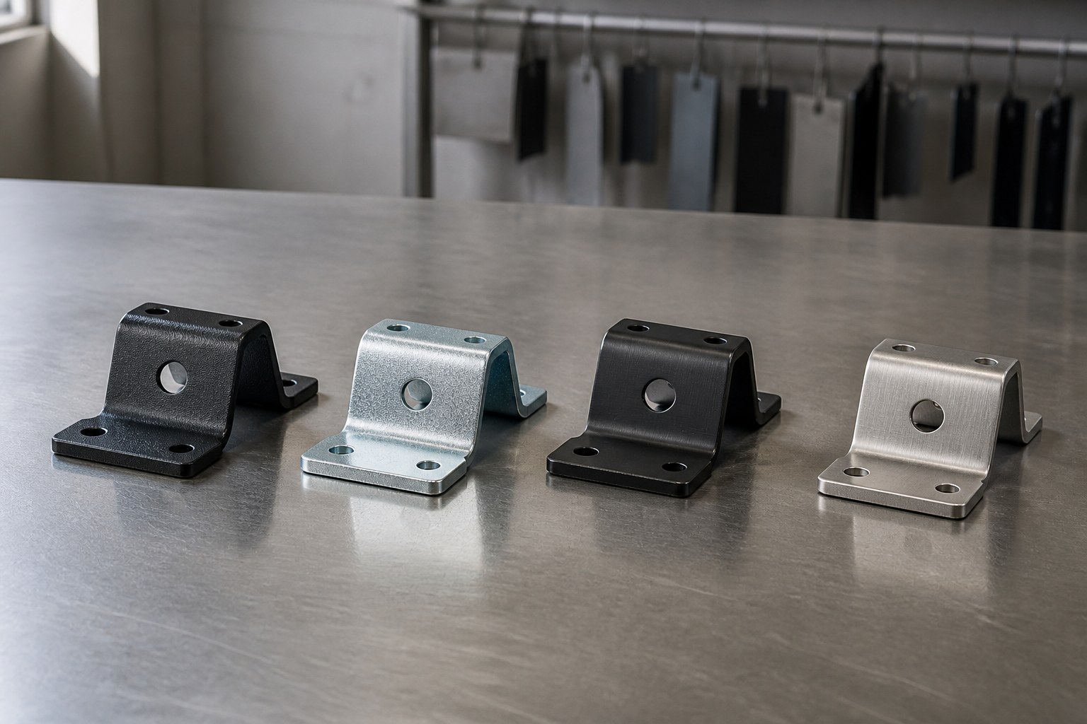 Metal surface finishing options compared on steel brackets: matte black powder coat, bright zinc plating, black anodizing and brushed stainless