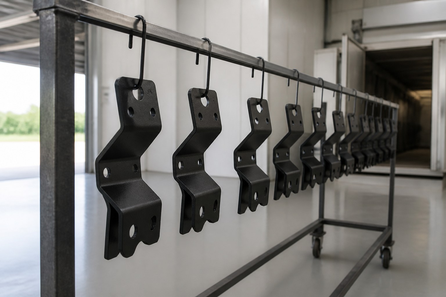 Powder-coated steel brackets hanging on a jig rack after curing in the XCWY finishing shop