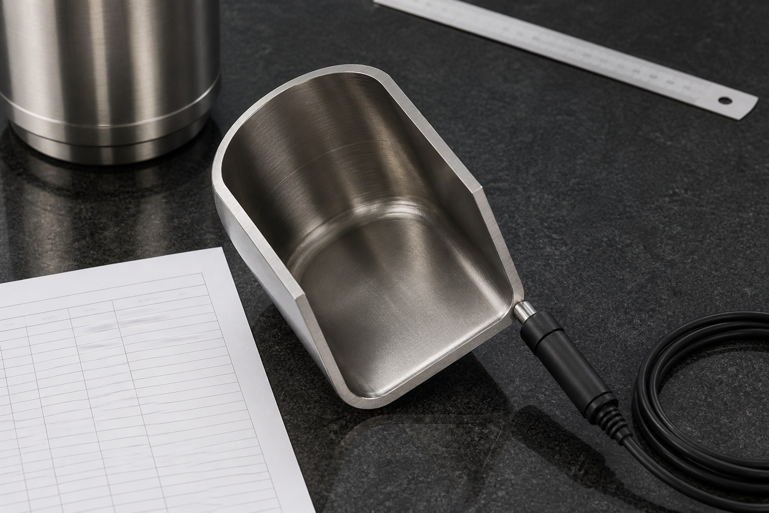 Sectioned deep drawn filter housing showing wall thickness on a granite surface plate