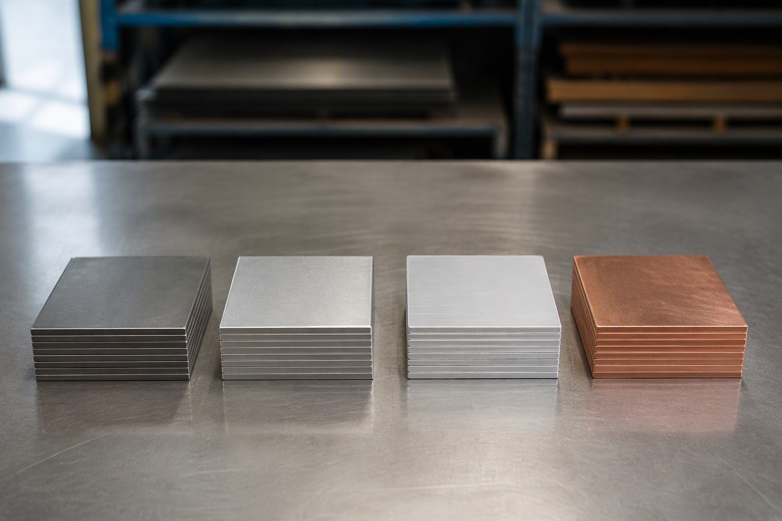 Sheet metal materials compared side by side: cold-rolled steel, stainless steel, aluminium and copper blanks