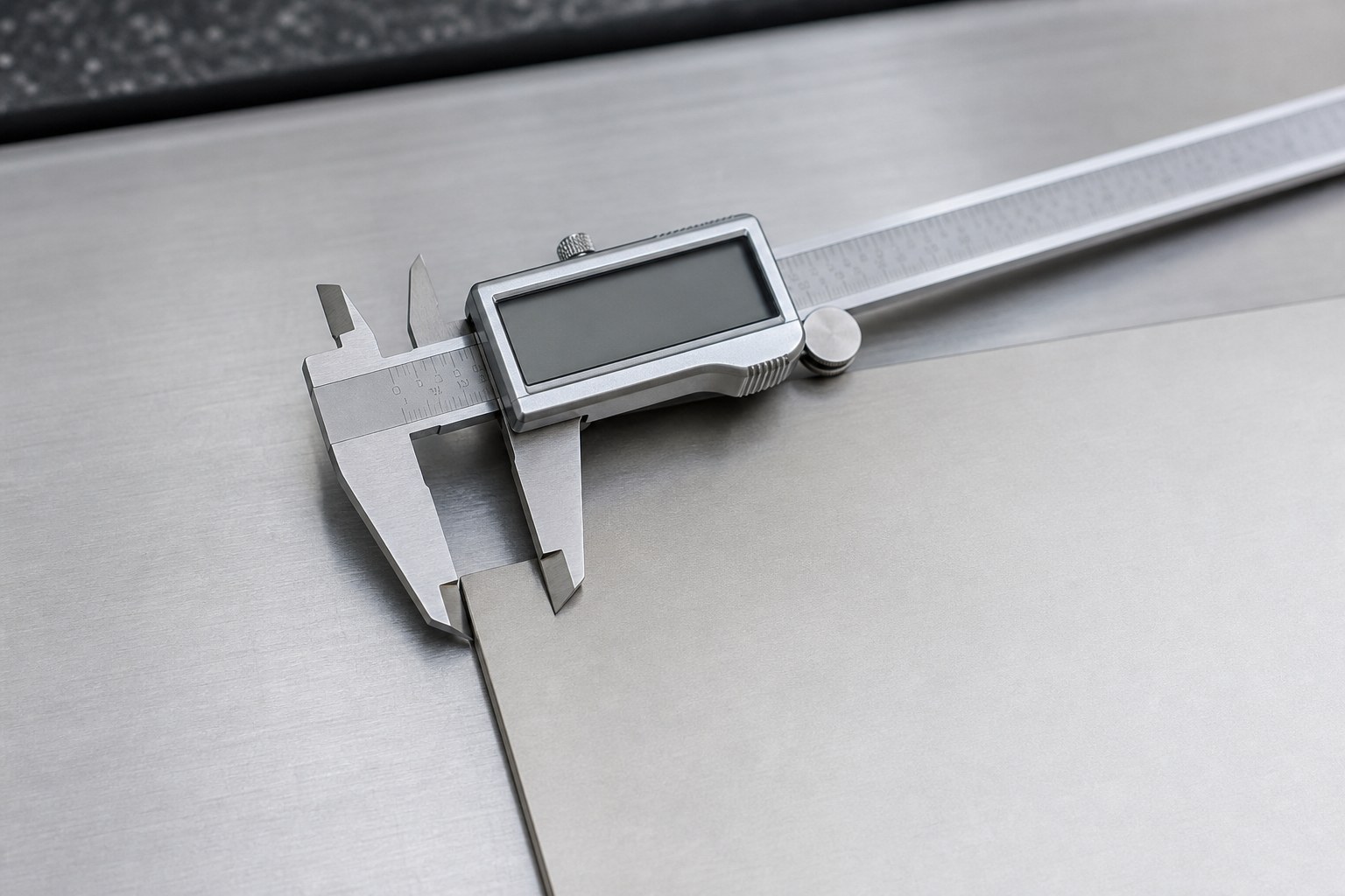 Sheet metal thickness measured with a digital caliper on the edge of a stainless steel blank