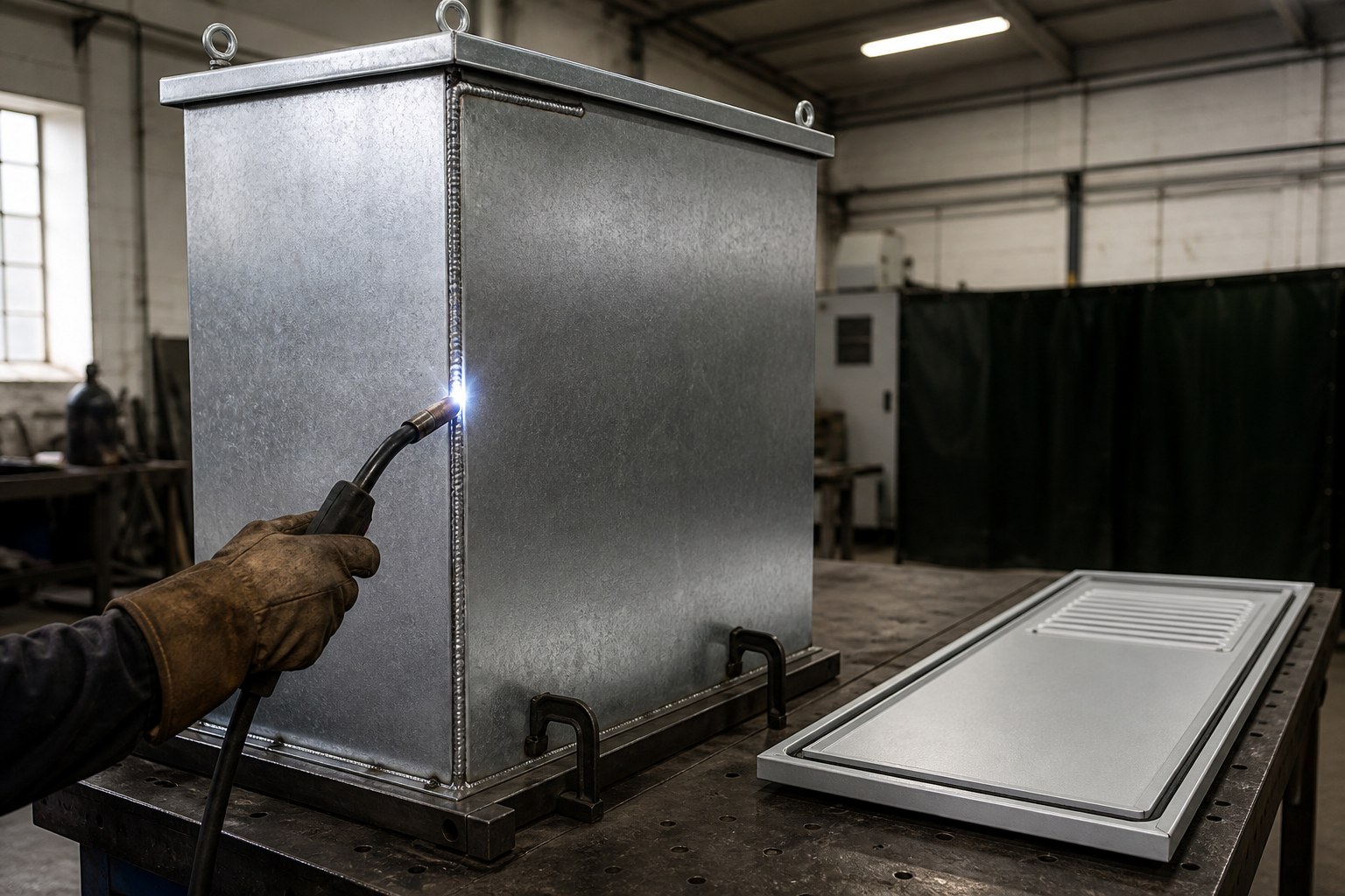 MIG welding the corner seam of a galvanised BESS enclosure body in a fixture