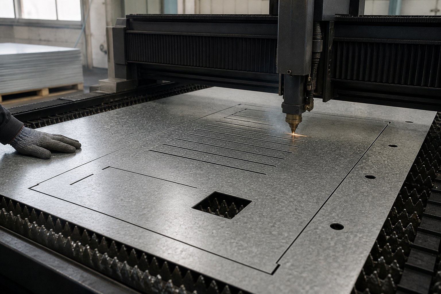 Fibre laser cutting the flat galvanised blanks for BESS enclosure door leaves