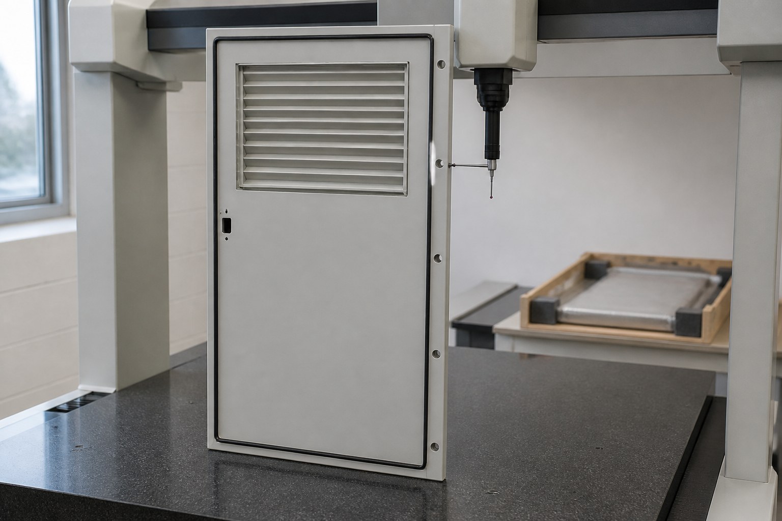 BESS enclosure door checked for squareness and hinge-hole position on the CMM