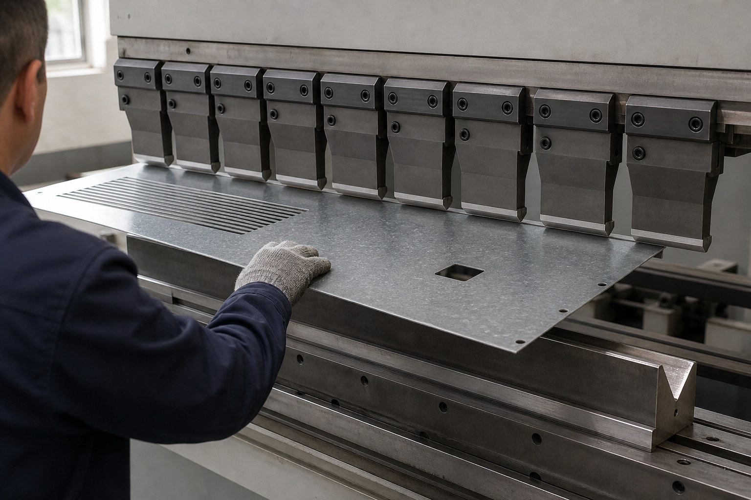 CNC press brake forming the edge flange and gasket channel of a BESS enclosure door leaf