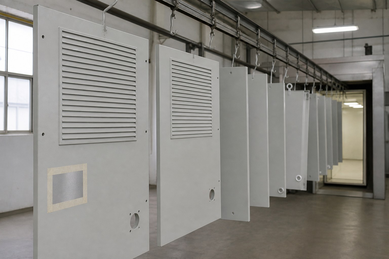 Light-grey powder-coated BESS enclosure parts on the in-house coating line