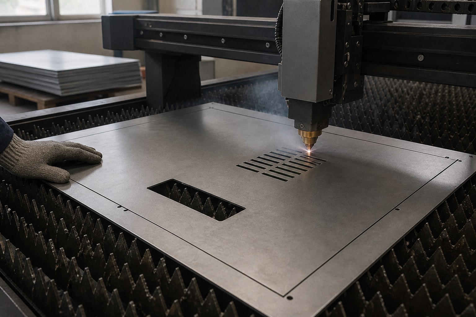 Fibre laser cutting the flat steel blank for a control enclosure door