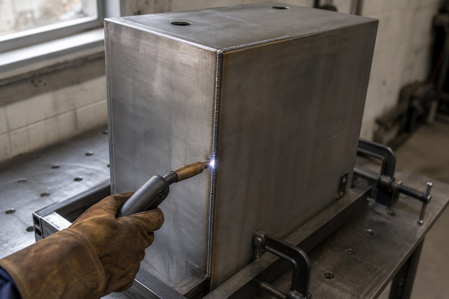 MIG welding the corner seam of a bare steel control enclosure body in a fixture