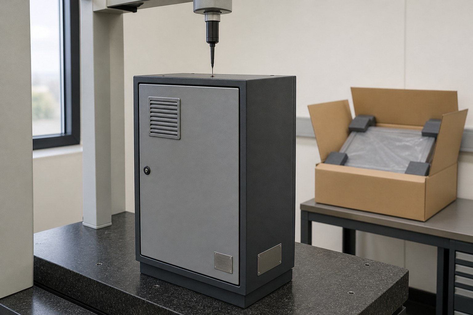 Finished control enclosure checked on the CMM before export packing