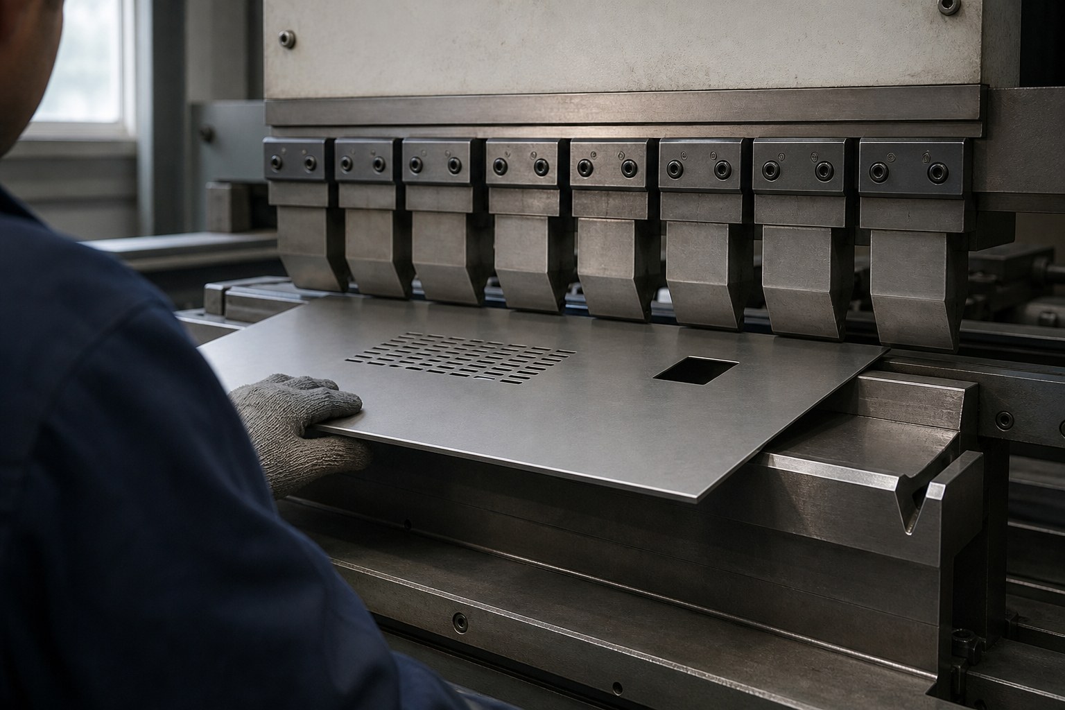 CNC press brake forming the edge flange of a control enclosure door blank