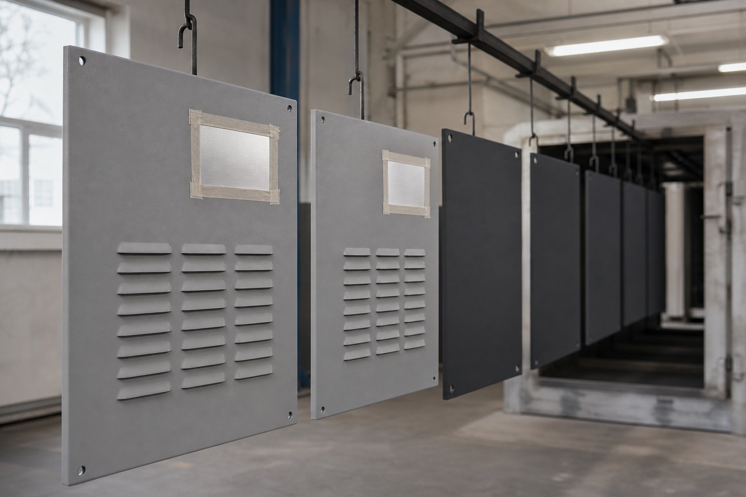 Two-tone powder-coated control enclosure panels hanging on the coating line
