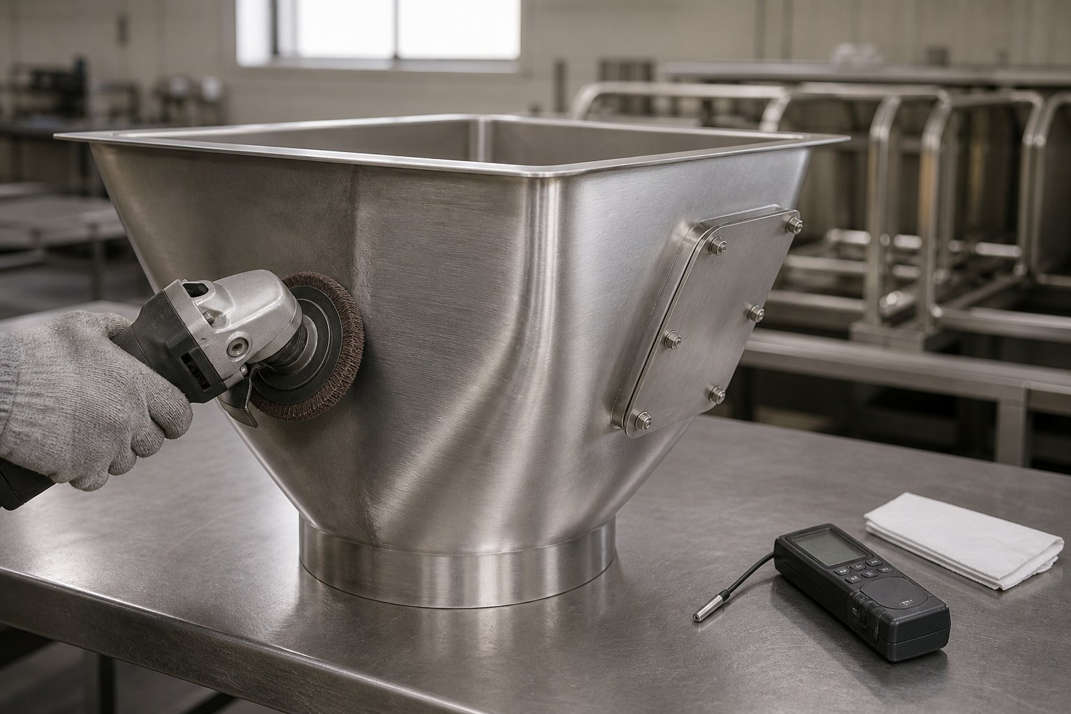 Brushing a food-grade stainless hopper to a 240-grit finish with the roughness measured