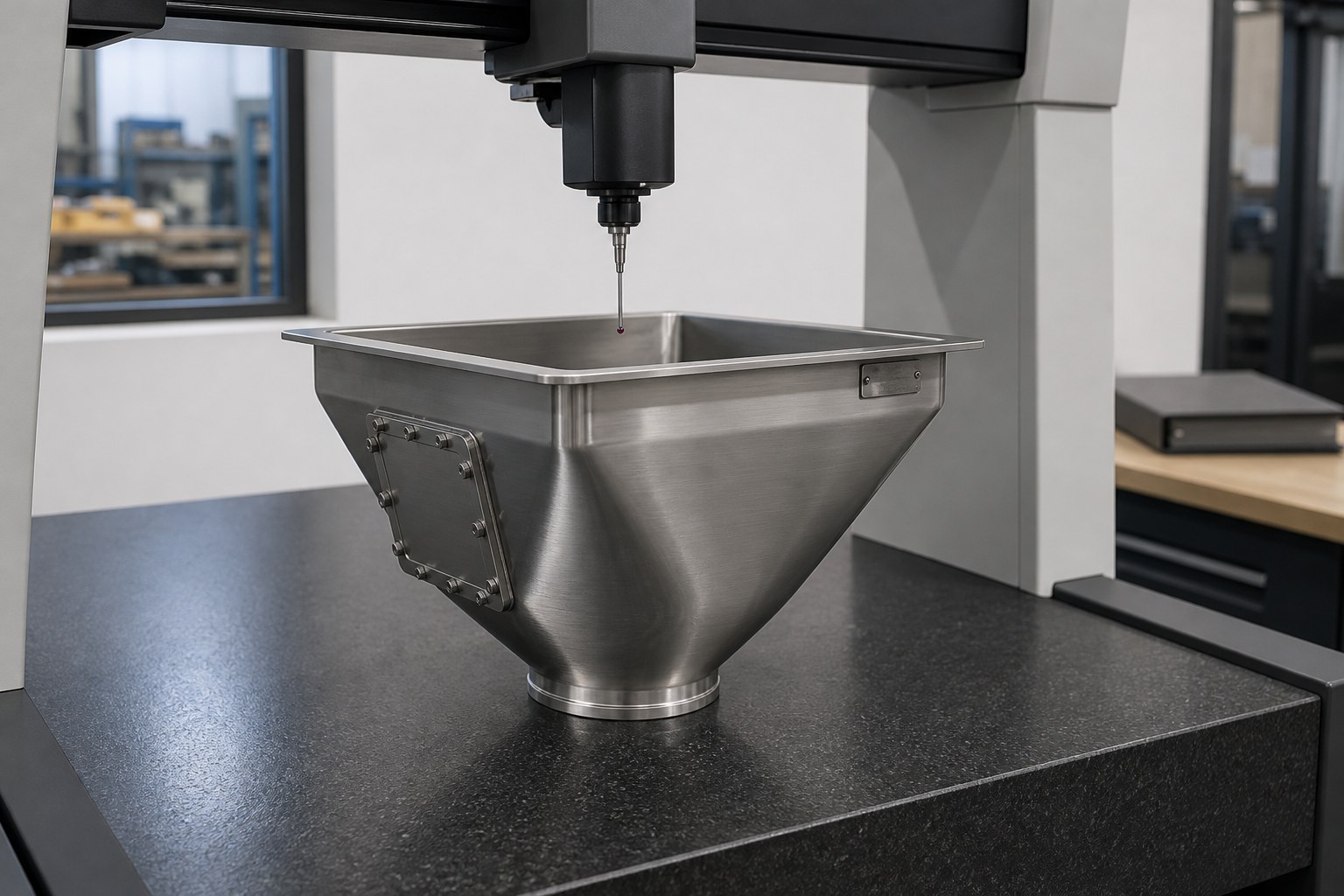 Finished food-grade stainless hopper checked on the CMM before packing
