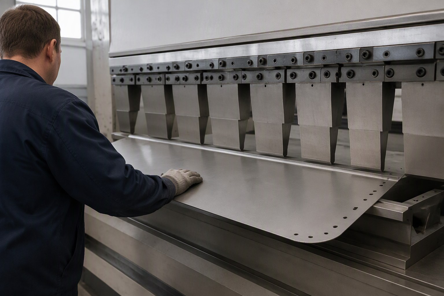 CNC press brake forming a food-grade stainless hopper panel through a large radius