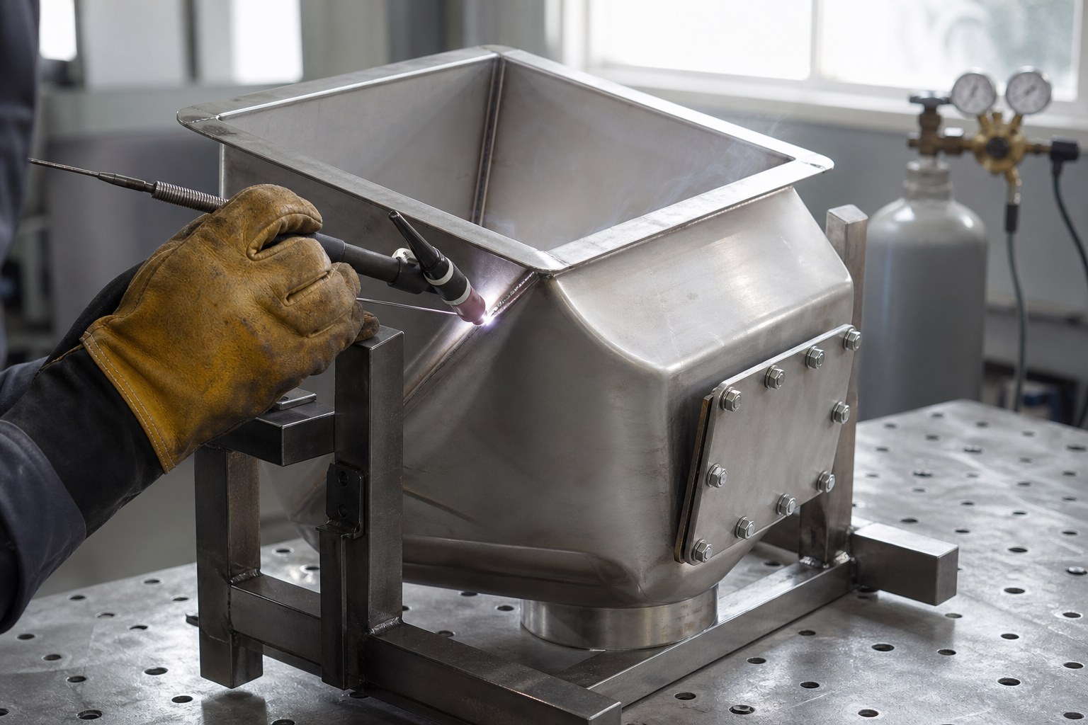 TIG welding a food-grade stainless hopper corner seam for a flush-dressed finish